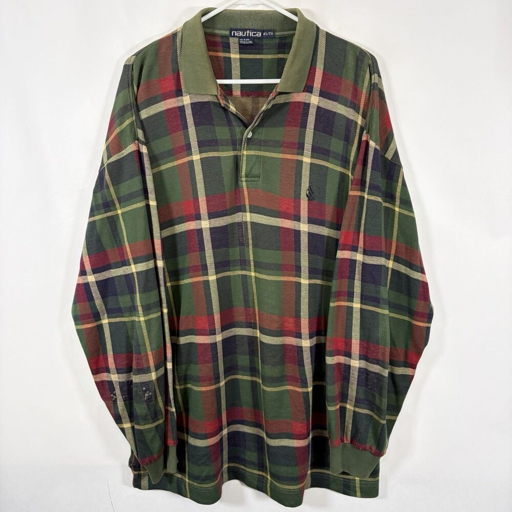 Vintage Nautica Long Sleeve Polo Shirt Mens Size XL Green Red Navy Plaid 90s